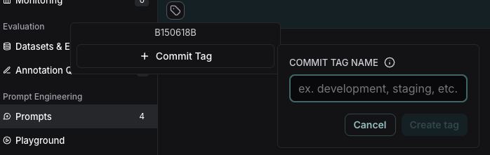 태그, commit 레이블이 있는 commit tag 박스, 태그를 생성하기 위한 commit tag name 박스.