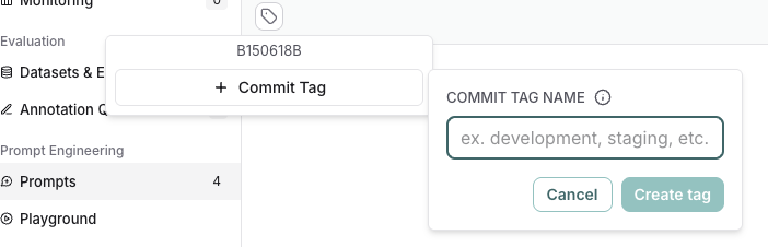 태그, commit 레이블이 있는 commit tag 박스, 태그를 생성하기 위한 commit tag name 박스.