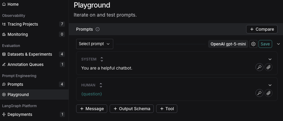 편집 준비가 된 system prompt가 있는 Prompt playground.