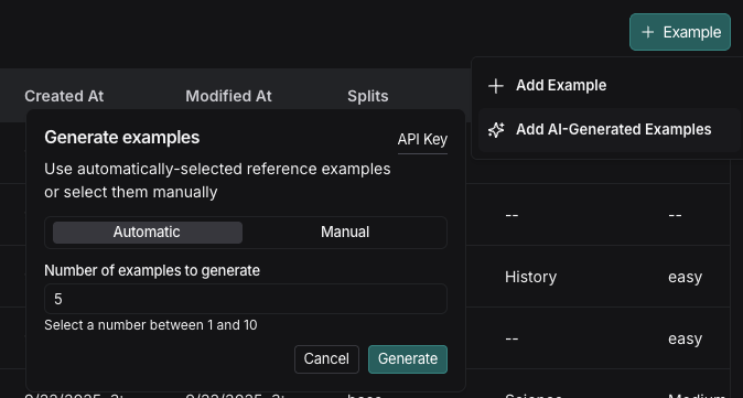 AI-Generated Examples 구성 창. 수동 및 자동 선택, 생성할 예시 개수 선택.