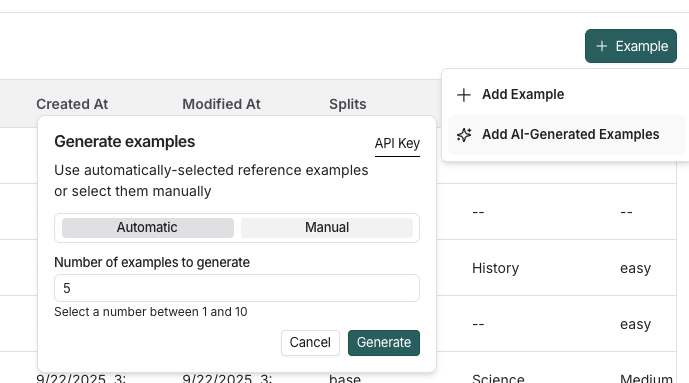 AI-Generated Examples 구성 창. 수동 및 자동 선택, 생성할 예시 개수 선택.