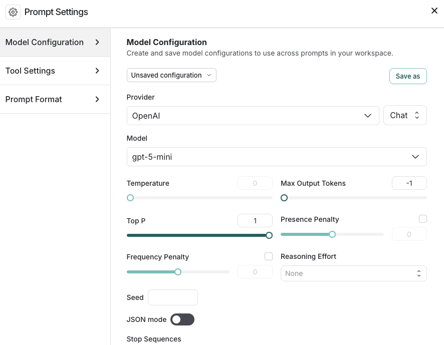 LangSmith UI의 Model Configuration 창, Provider, Model, Temperature, Max Output Tokens, Top P, Presence Penalty, Frequency Penalty, Reasoning Effort 등의 설정.