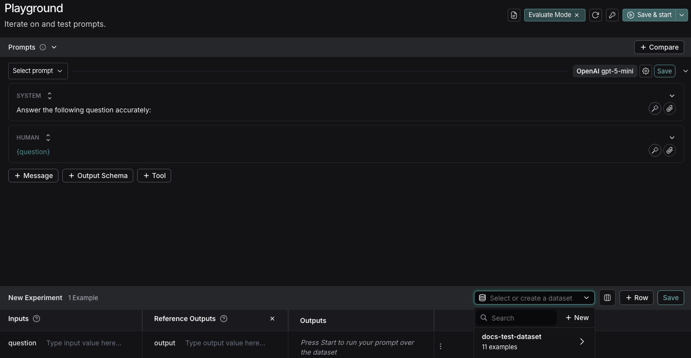 수정된 system 프롬프트와 새 실험, 새 데이터셋 생성 드롭다운이 있는 Playground 화면.