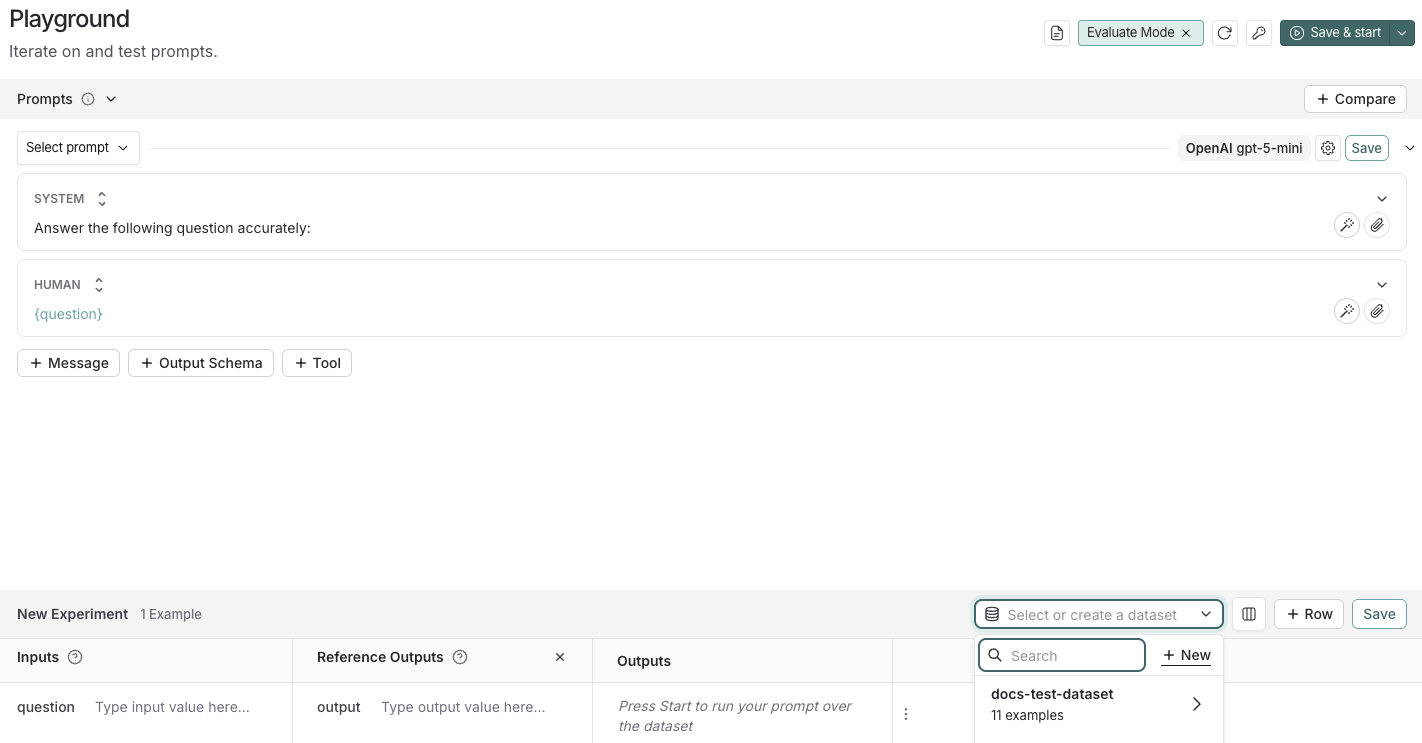 수정된 system 프롬프트와 새 실험, 새 데이터셋 생성 드롭다운이 있는 Playground 화면.