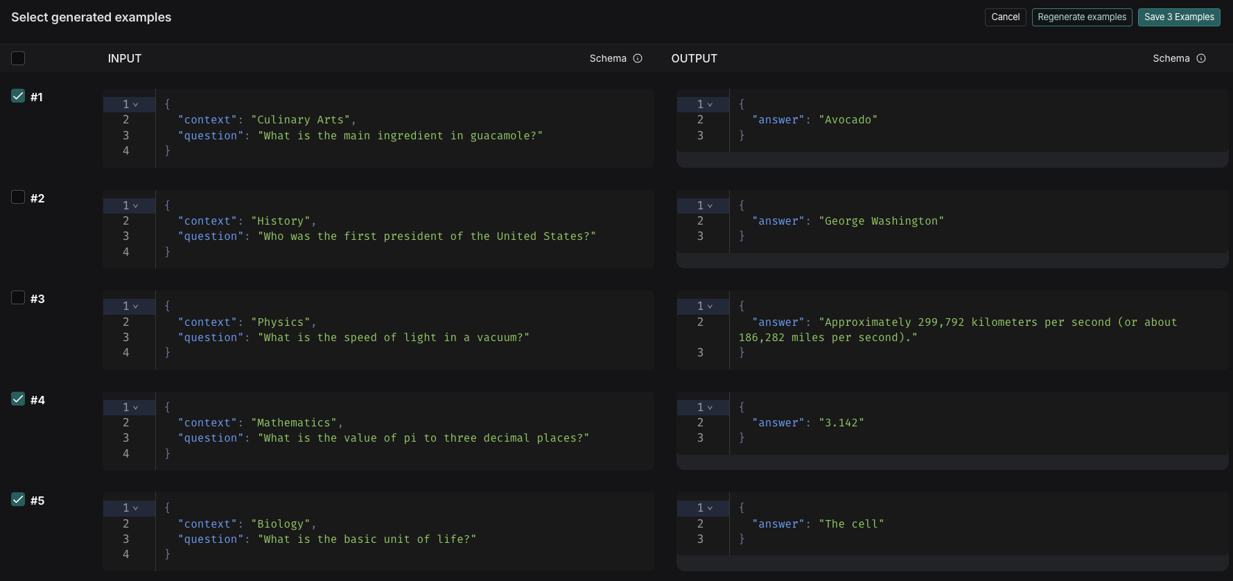 생성된 예시 선택 페이지. 예시 선택 및 Save examples 버튼.