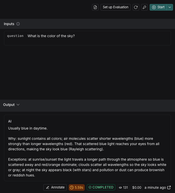 질문이 입력된 input 박스. output 박스에는 prompt에 대한 응답이 포함되어 있습니다.